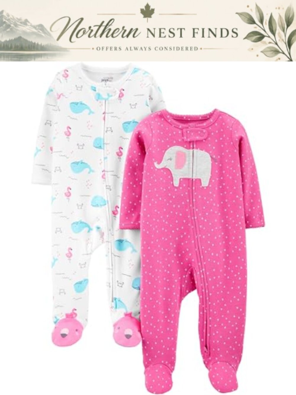Baby Girls 2-Pack Cotton Footed Sleep and Play 2-Way Zipper Infant